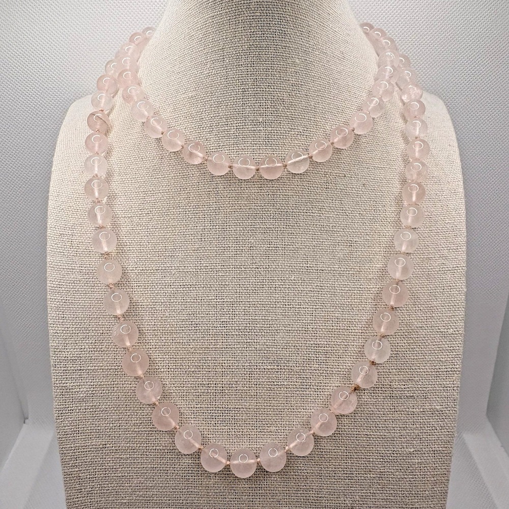 Vintage Pink Rose Quartz Beaded Necklace Hand Knotted 32" Polished Strand